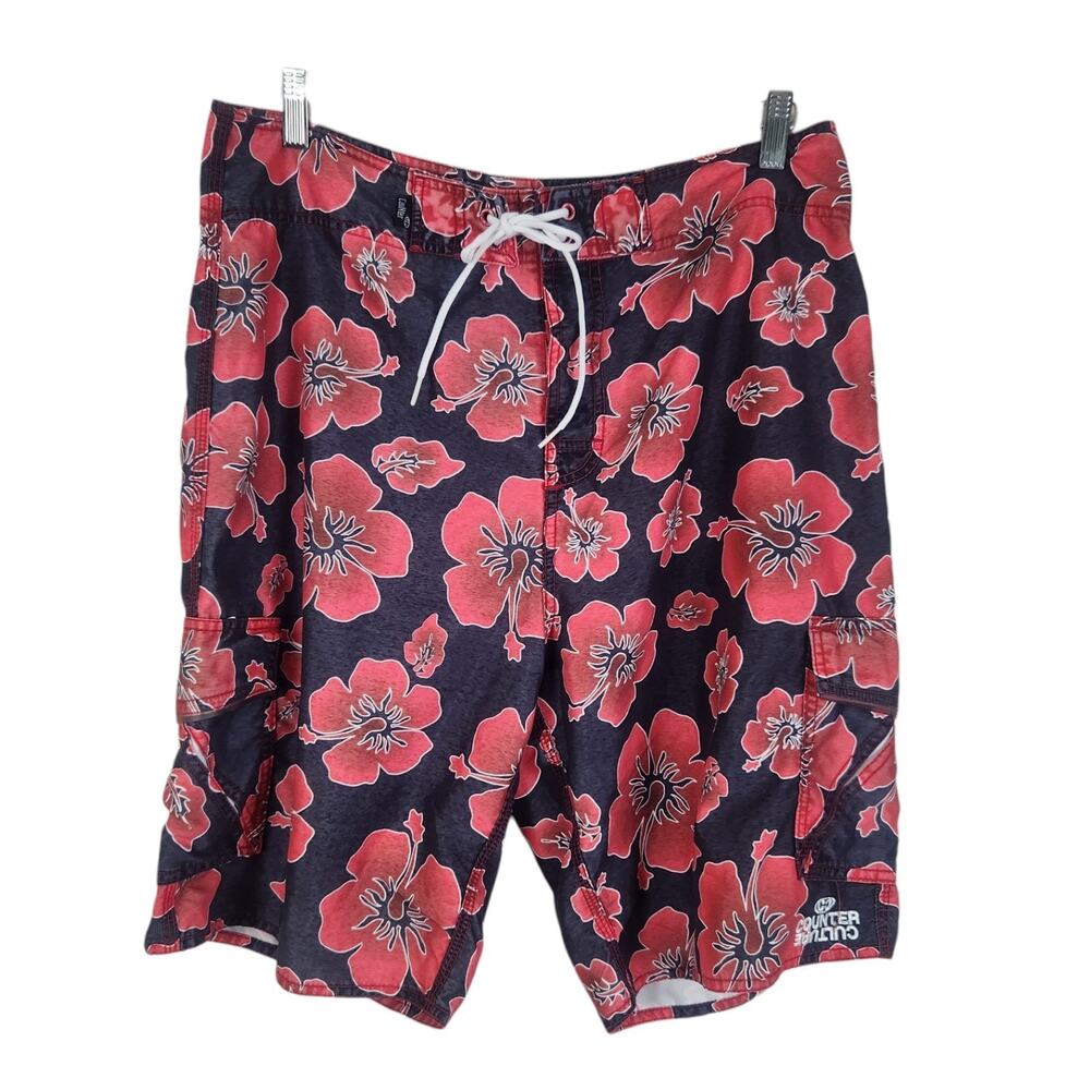 Y2K Vtg Counter Culture Mens 34 Boardshorts Cargo Surf Swim 00s Red Black Hawaii